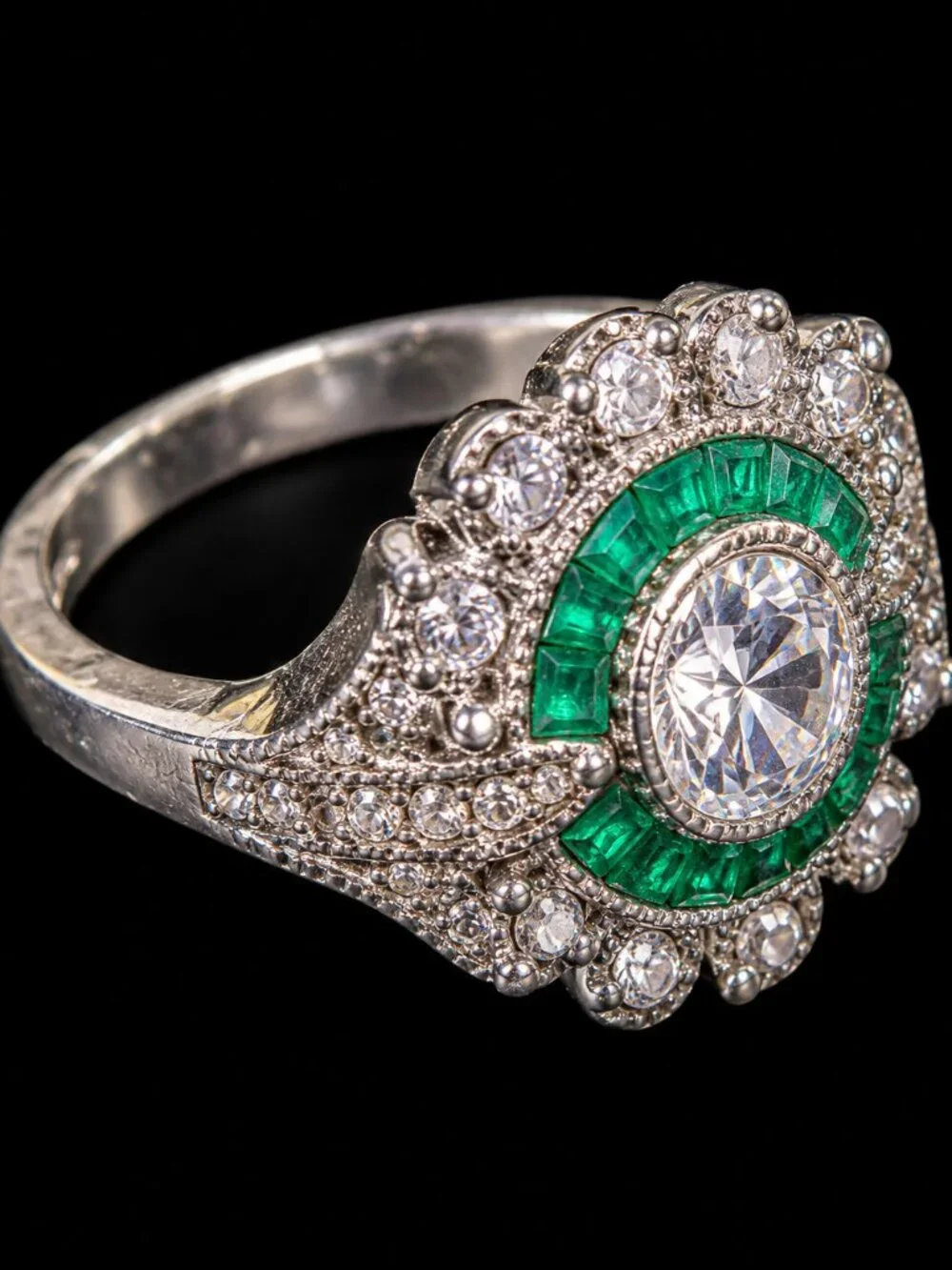 S925 Sterling Silver Green Target Ring Clear Stone Halo Size 9.75-10
